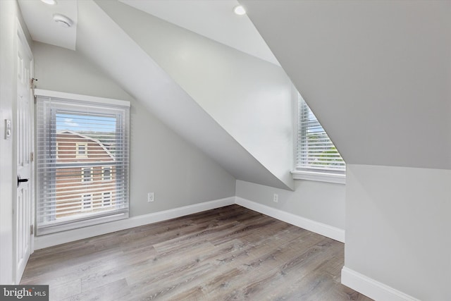 bonus room featuring light wood-type flooring, plenty of natural light, and lofted ceiling