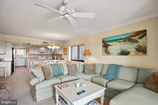 13700 Wight St Unit 1N01, Ocean City, MD 21842 - living area featuring crown molding and ceiling fan with notable chandelier