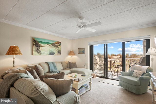 living room with crown molding, ceiling fan, and carpet