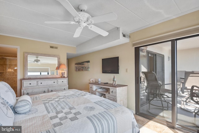 bedroom with crown molding, access to exterior, and ceiling fan