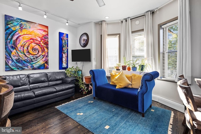 living room featuring ceiling fan, dark wood-type flooring, and rail lighting