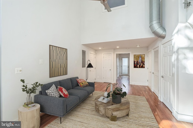 living room featuring a high ceiling, light hardwood / wood-style flooring, and electric panel