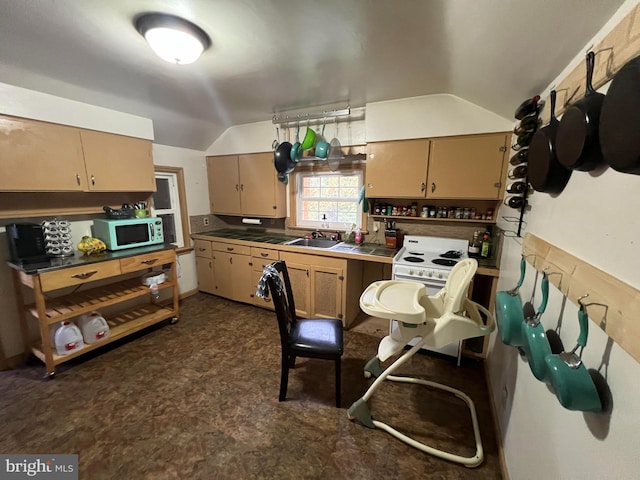 kitchen with lofted ceiling, sink, and white appliances