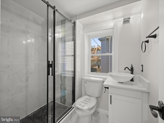 bathroom with vanity, toilet, and an enclosed shower