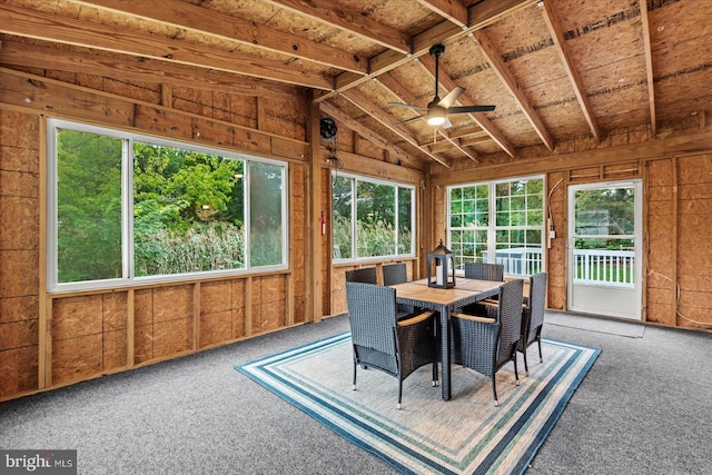 unfurnished sunroom featuring vaulted ceiling and ceiling fan