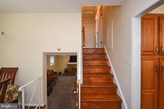 staircase featuring carpet floors and a fireplace