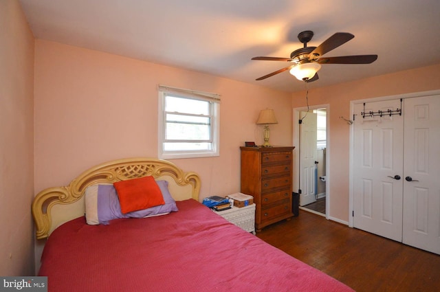 bedroom with ceiling fan, a closet, and dark hardwood / wood-style flooring