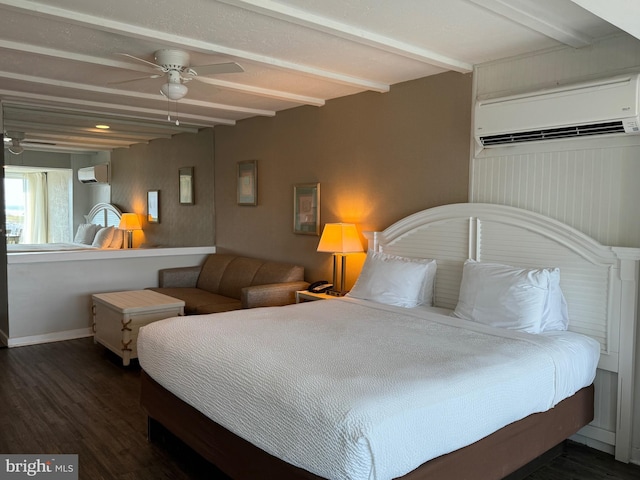 bedroom featuring dark hardwood / wood-style flooring, a wall mounted AC, and ceiling fan