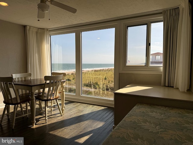 sunroom with ceiling fan, a beach view, and a water view