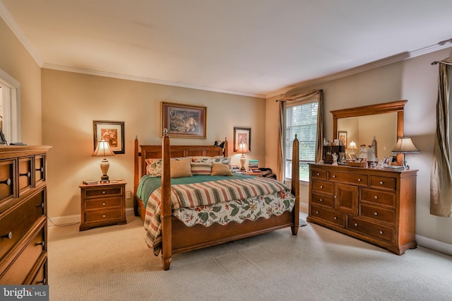 carpeted bedroom featuring crown molding