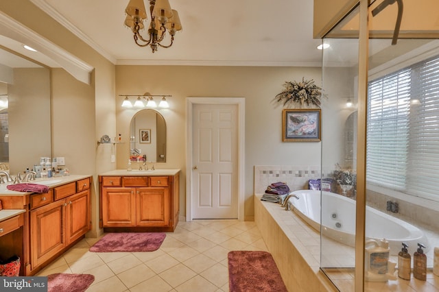 bathroom featuring vanity, tiled bath, ornamental molding, and tile patterned floors