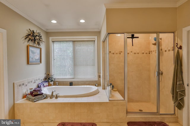 bathroom featuring shower with separate bathtub, crown molding, and tile patterned flooring