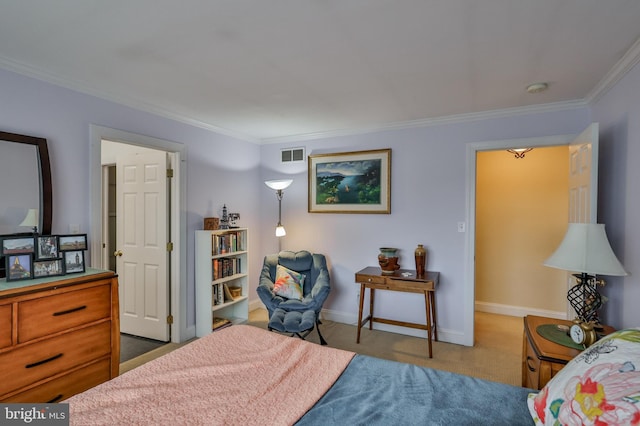 bedroom featuring crown molding and dark colored carpet