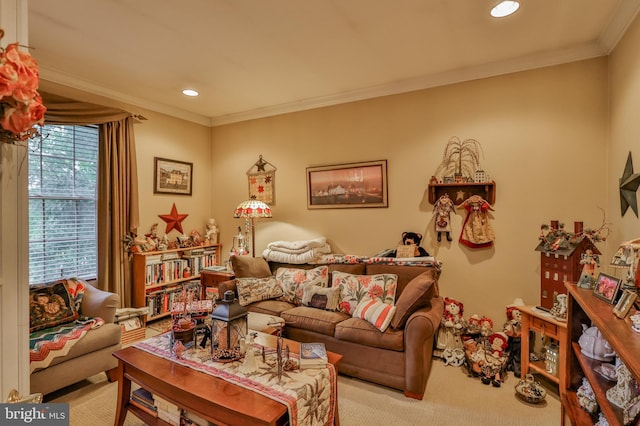 carpeted living room featuring ornamental molding