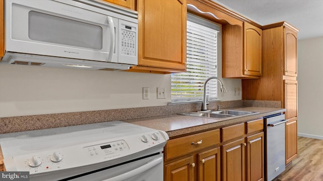 kitchen with light hardwood / wood-style flooring, white appliances, and sink