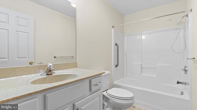 full bathroom with vanity, bathtub / shower combination, toilet, and tile patterned flooring