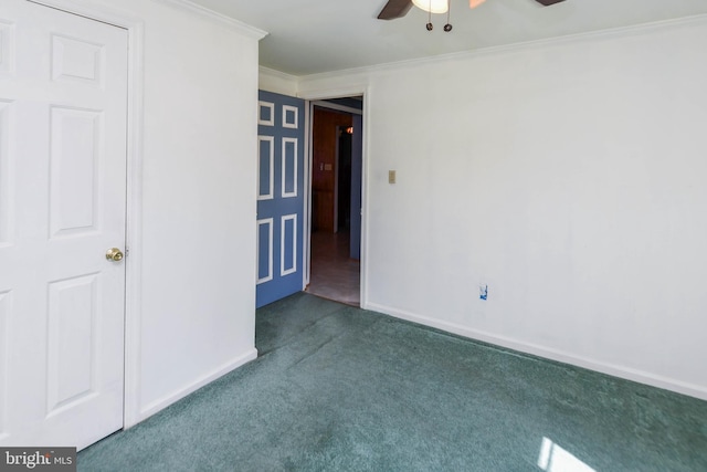 unfurnished room featuring ornamental molding, ceiling fan, and carpet floors