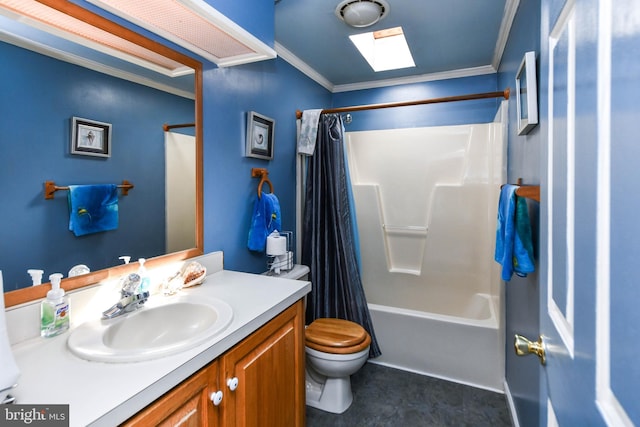 full bathroom featuring vanity, shower / bath combination with curtain, crown molding, a skylight, and toilet