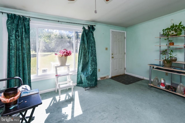 interior space with carpet floors and ceiling fan