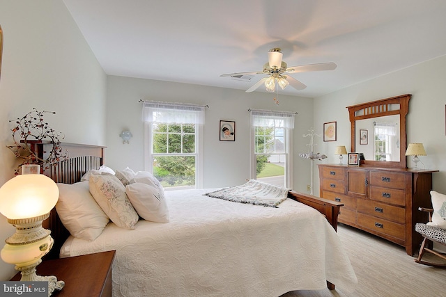 bedroom featuring ceiling fan and light hardwood / wood-style floors