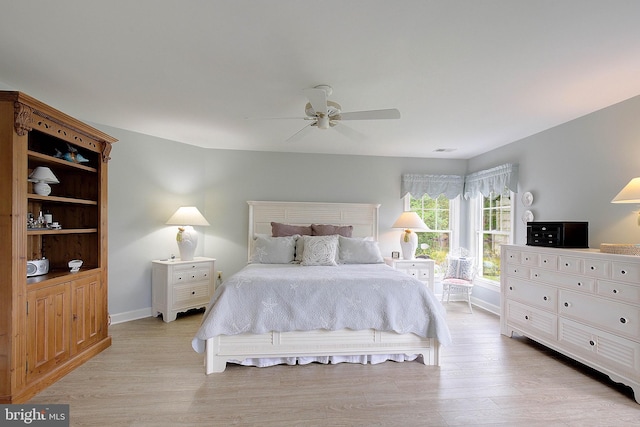 bedroom featuring light hardwood / wood-style flooring and ceiling fan