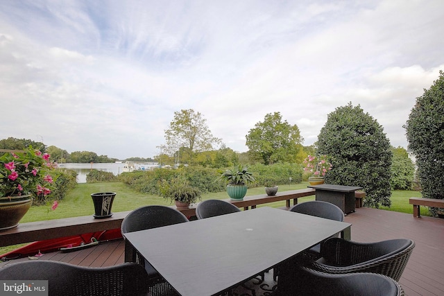 wooden deck with a water view and a lawn