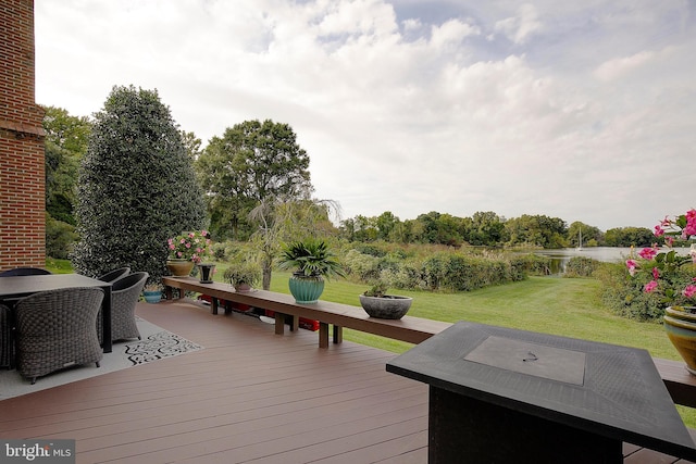 wooden deck with a water view and a lawn