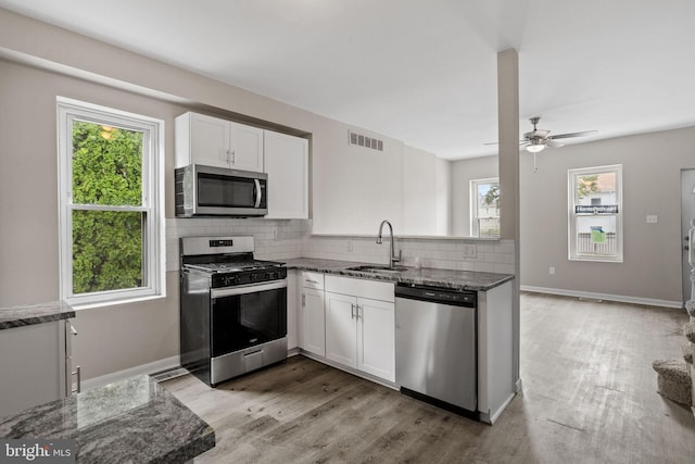 kitchen with appliances with stainless steel finishes, plenty of natural light, sink, and white cabinets