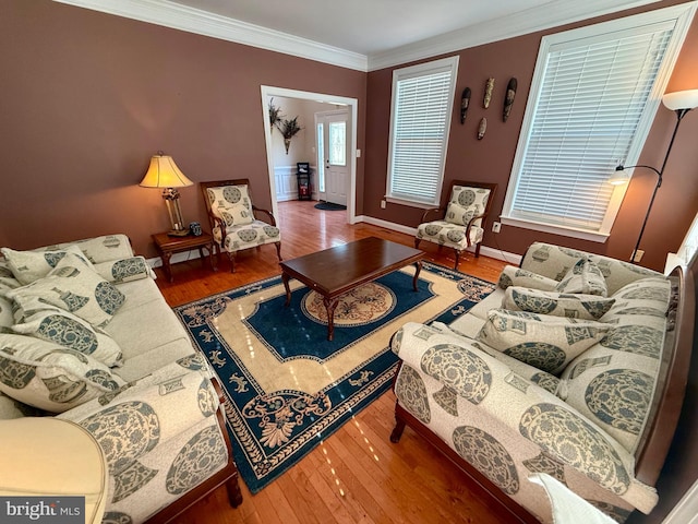 living room with wood-type flooring and ornamental molding