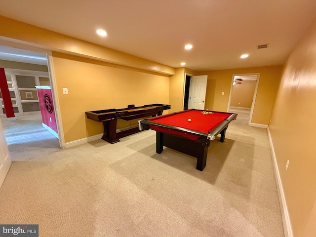 recreation room featuring carpet, billiards, and ceiling fan