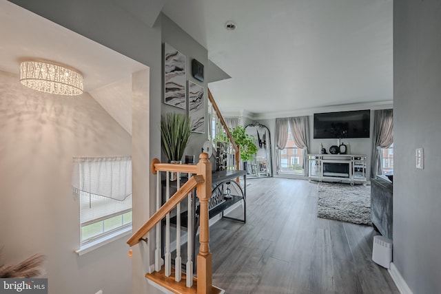 living room with an inviting chandelier, hardwood / wood-style floors, and a healthy amount of sunlight