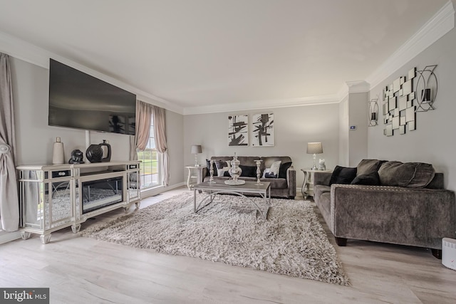 living room with light hardwood / wood-style floors and ornamental molding