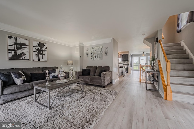 living room with wood-type flooring and crown molding