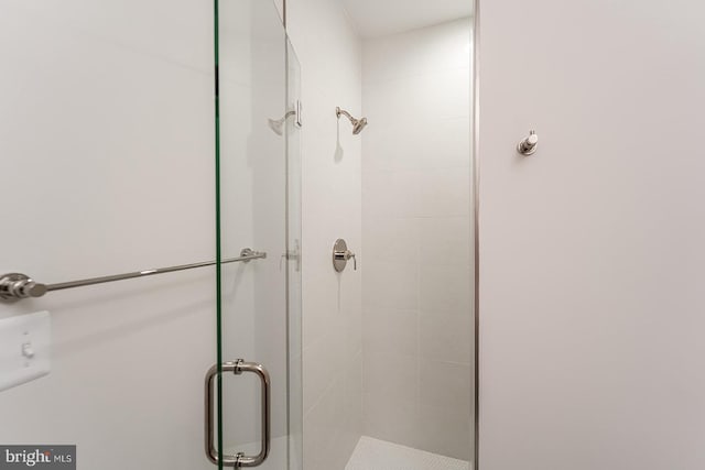 bathroom featuring a shower with door