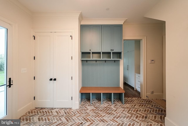 mudroom with ornamental molding