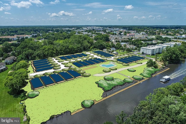 aerial view featuring a water view