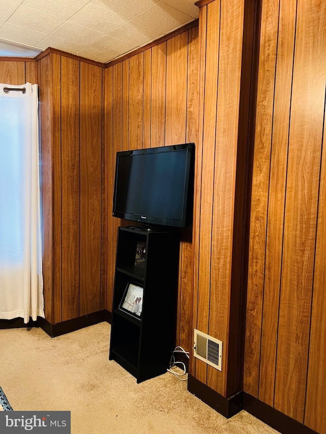 miscellaneous room featuring wood walls and light carpet