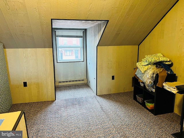 bonus room featuring carpet, baseboard heating, and lofted ceiling