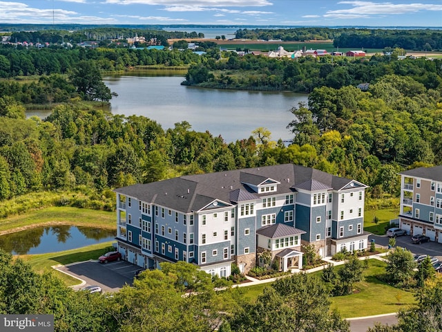 drone / aerial view featuring a water view