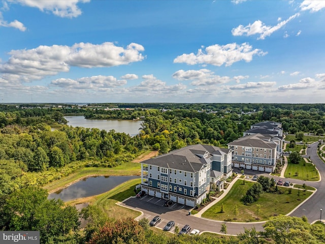 bird's eye view with a water view