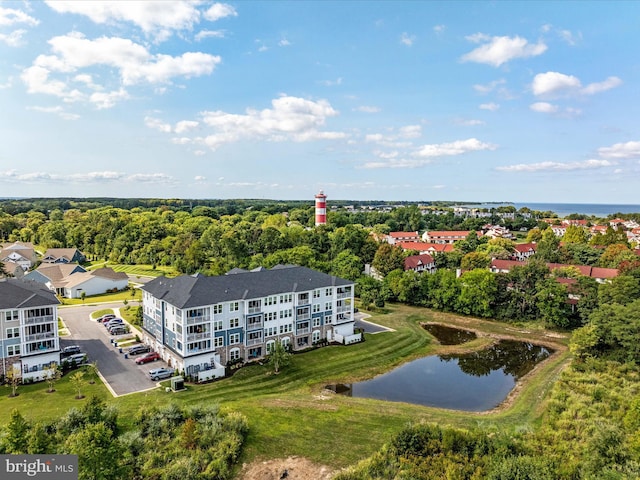 aerial view featuring a water view