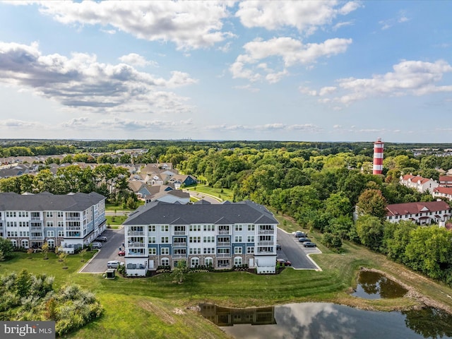 drone / aerial view with a water view