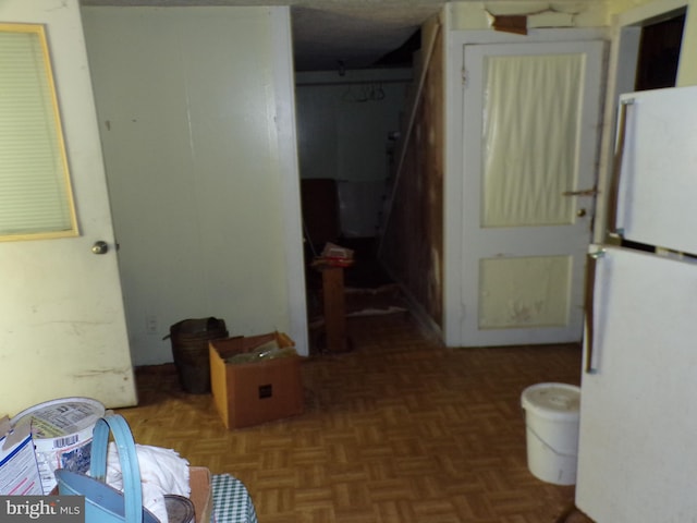 bathroom with parquet flooring