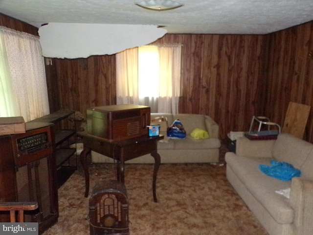 living area with a textured ceiling, wood walls, and carpet