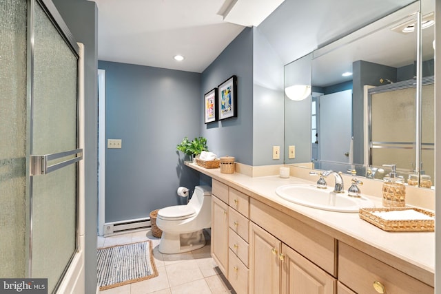 bathroom featuring vanity, tile patterned floors, a baseboard radiator, toilet, and a shower with door