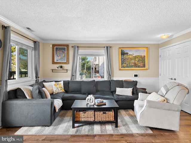 living room with a wealth of natural light, hardwood / wood-style floors, and a textured ceiling