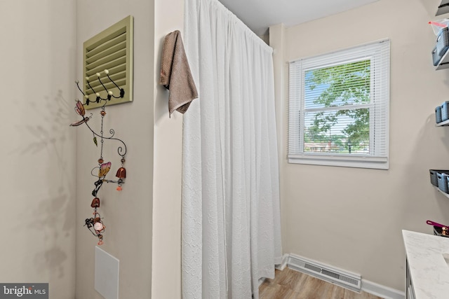 bathroom featuring vanity and hardwood / wood-style floors