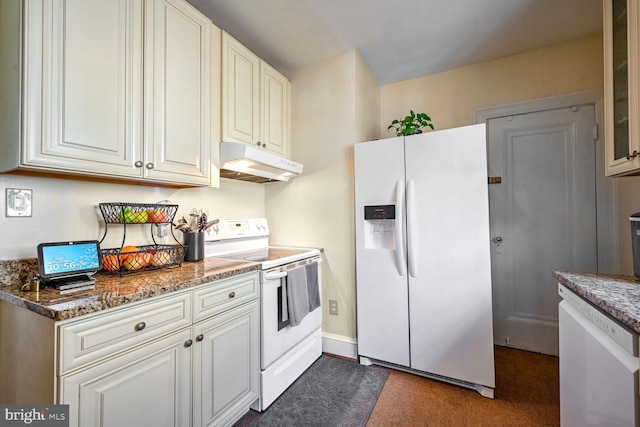 kitchen featuring white cabinetry, stone countertops, and white appliances