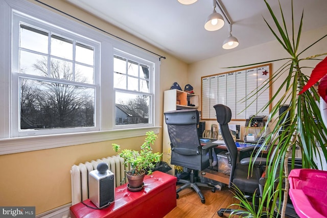 office area with wood-type flooring and radiator