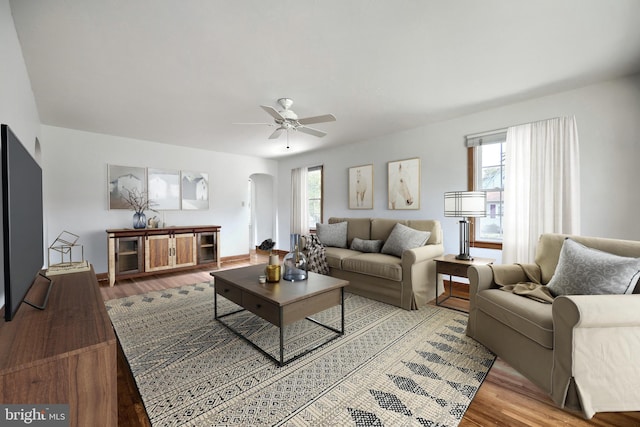 living room featuring ceiling fan, plenty of natural light, and light hardwood / wood-style flooring